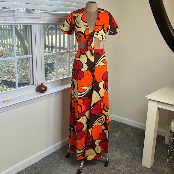 Made in Hawaii Dresses & Skirts - Vintage Barkcloth Crop Wrap Top and Maxi Skirt Luau Tiki Made in Hawaii